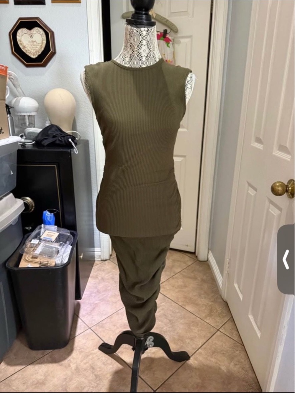 Sleeveless Ribbed Olive Green Two-Piece Set